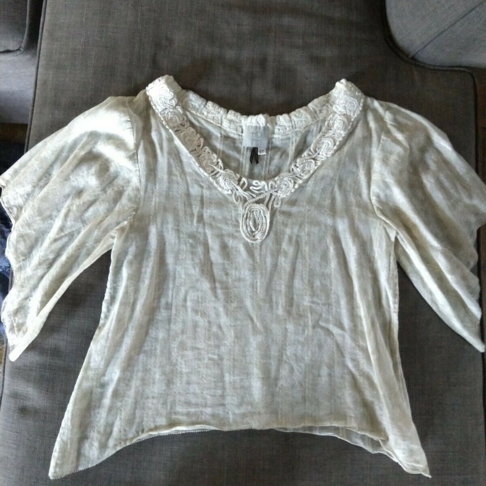 HD in Paris For Anthropologie Sheer Flowy Off White Boho Top Size 2 (US)